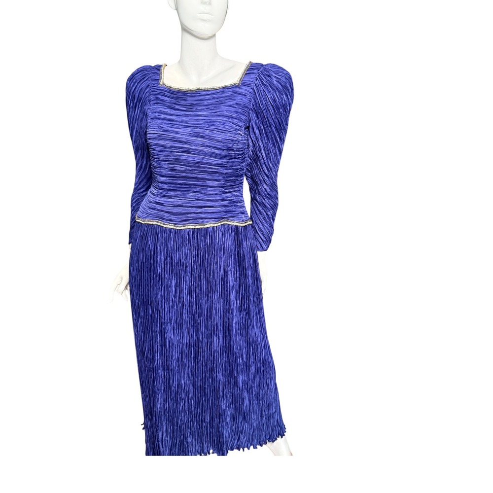 Mary McFadden Couture Vintage 80s Royal Blue Plisse Beaded Maxi Gown Size 10